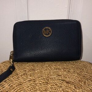 Michael Kors Black Leather Zip-Around Wristlet Wallet with Gold Hardware